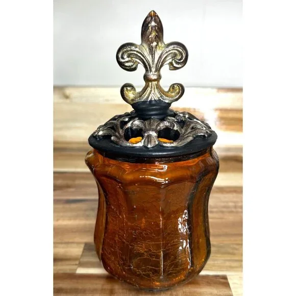 Decorative Amber Crackle Glass Canister With Fluer-de-lis Lid - Picture 1 of 13